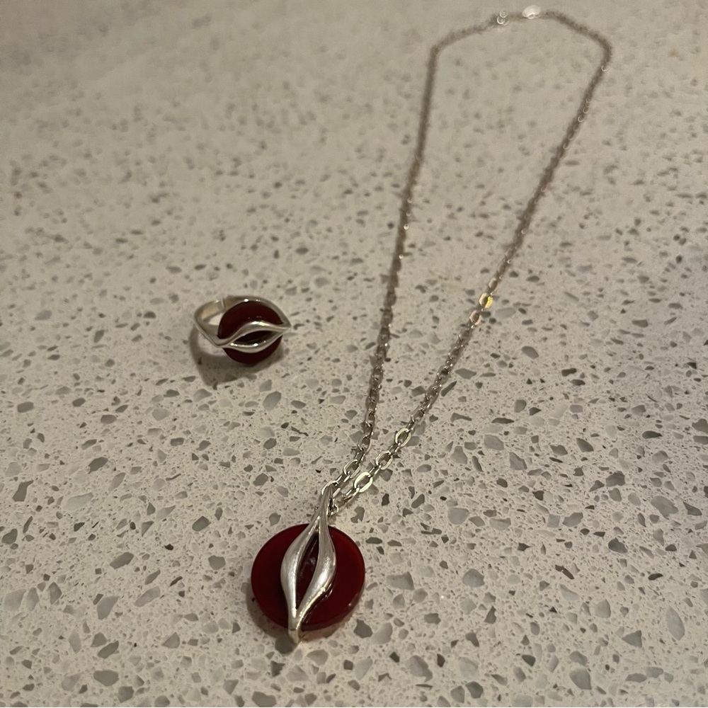 Vintage .925 Ring & Necklace set w/ Carnelian reminds me of Cartier *marked - Picture 7 of 13